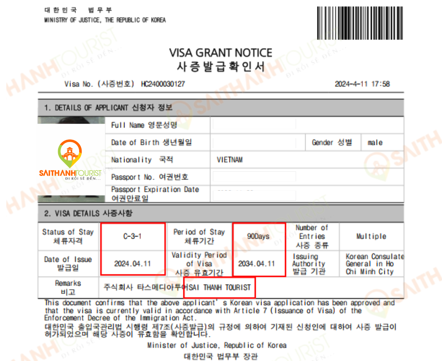 kết quả visa Hàn Quốc