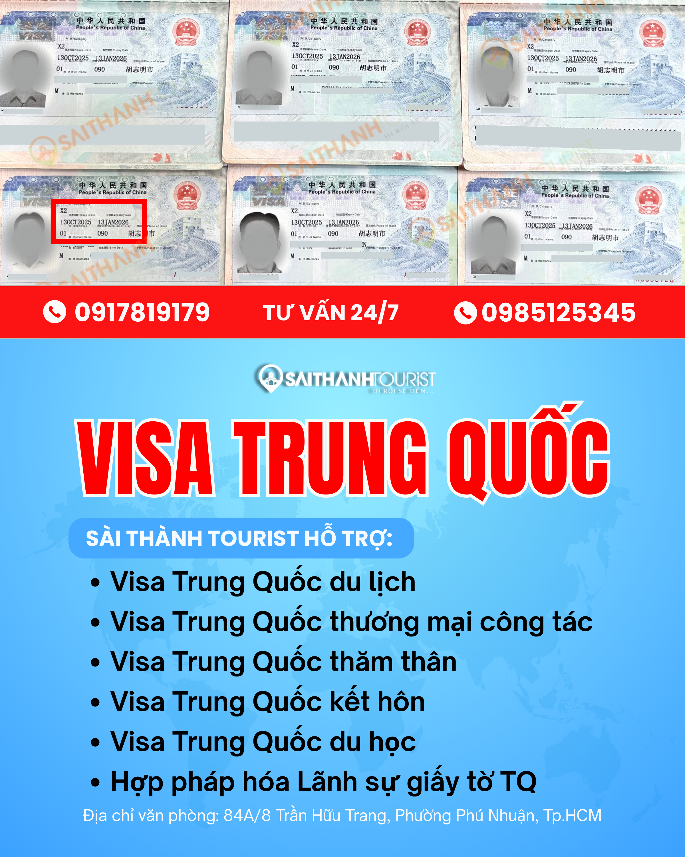 Các loại visa dán Trung Quốc (du lịch, công tác, thăm thân) do Sài Thành Tourist hỗ trợ