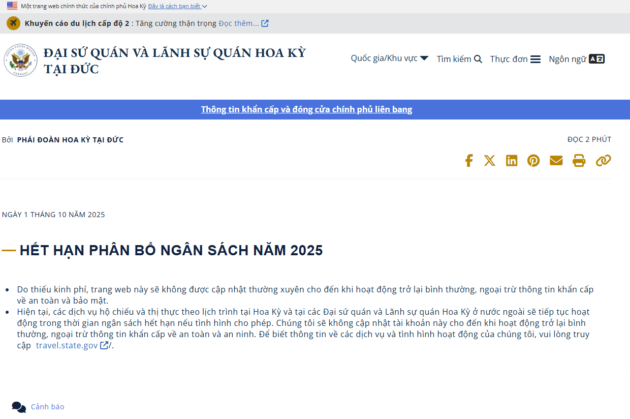 Thông báo Đại sứ quán Mỹ 2025 về việc hết hạn phân bổ ngân sách