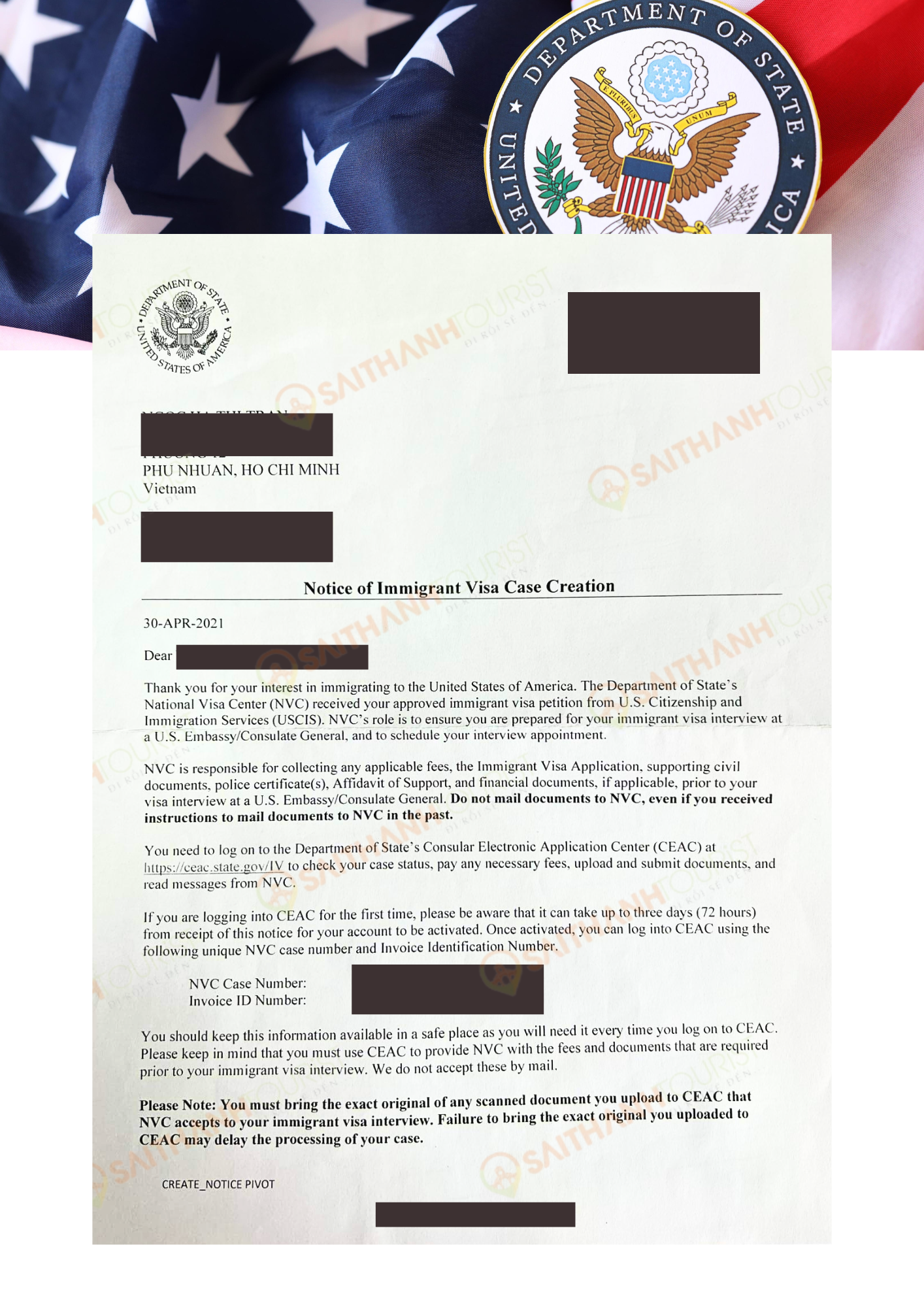 Thư thông báo mở hồ sơ NVC cho diện bảo lãnh F2B