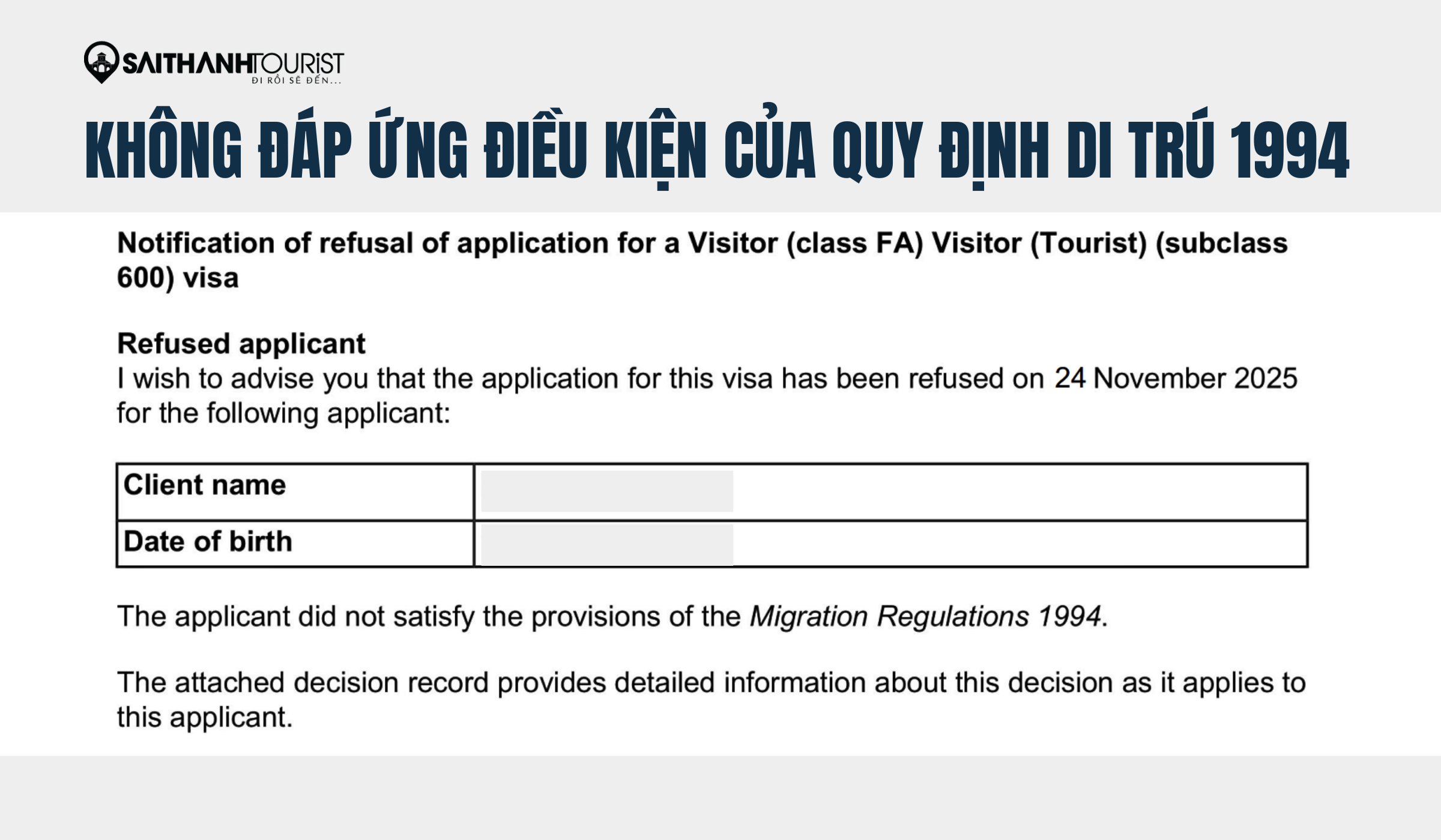 Mẫu thư từ chối visa Úc lỗi 600.211 về mục đích chuyến đi GTE
